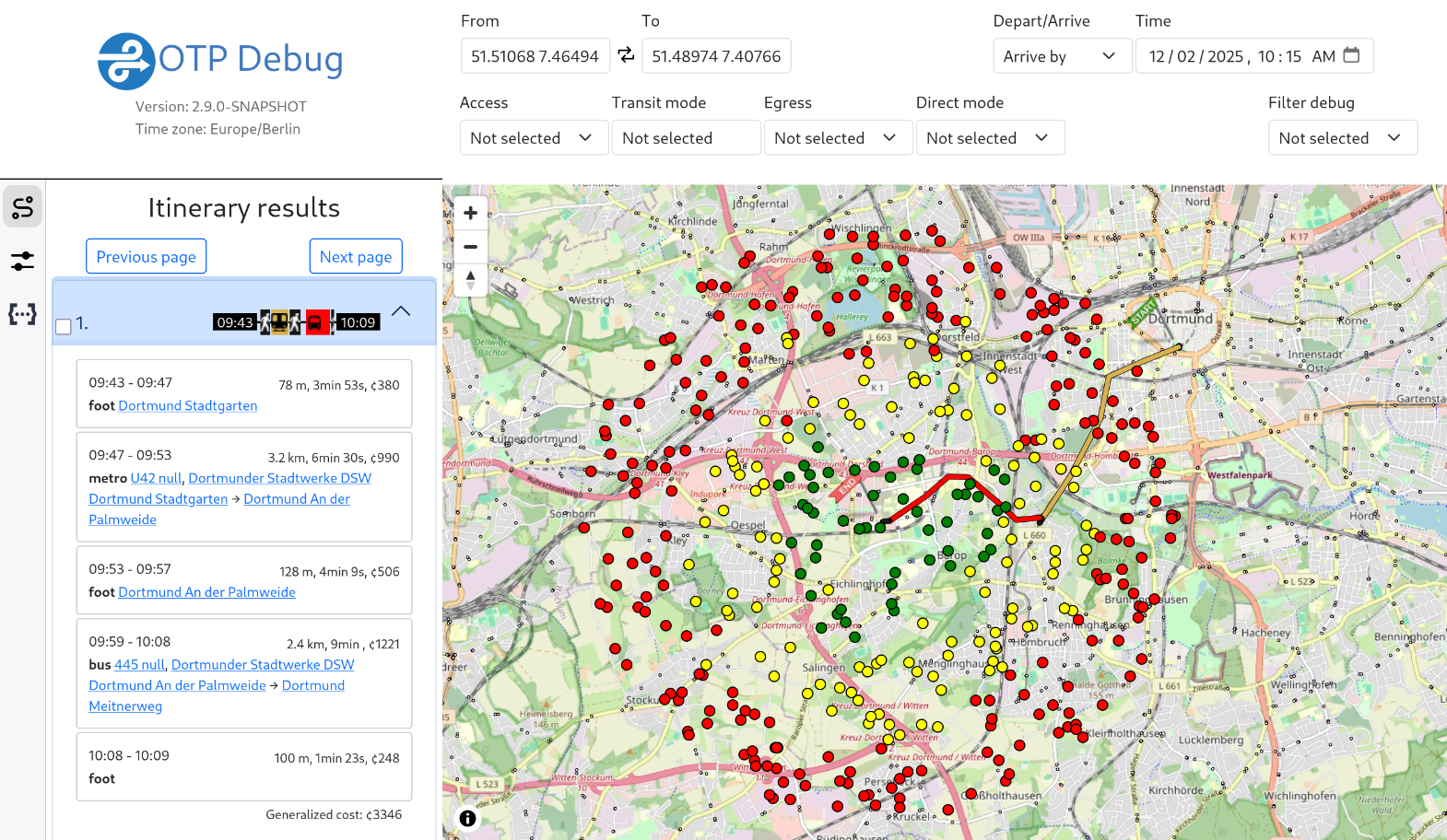 Map with sampled locations colored by public transit travel time to a target location
